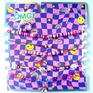 Kids Colorful Beaded Necklace & Bracelet Set - Pink Purple Yellow